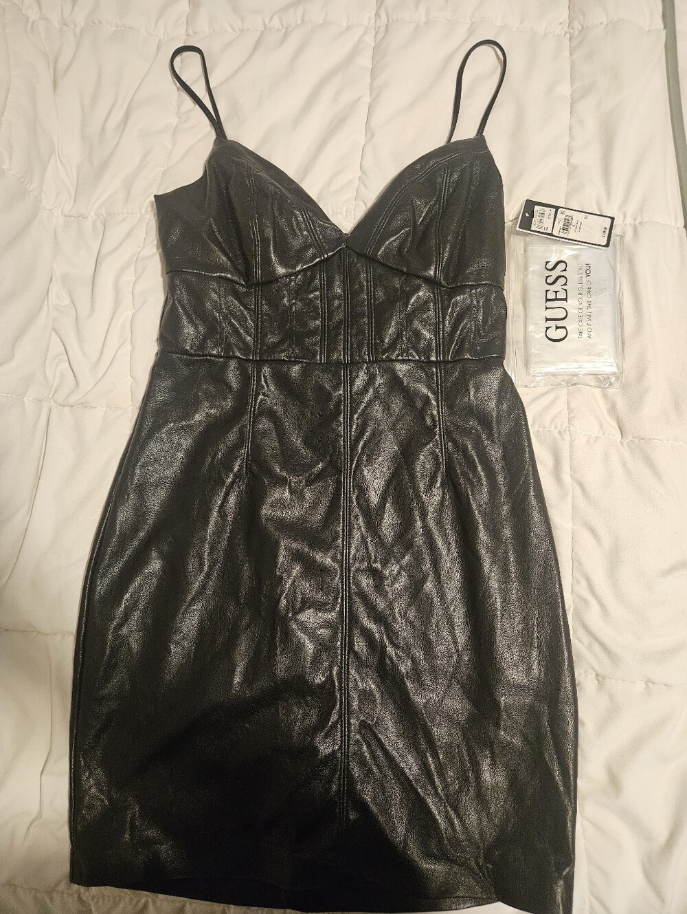 Guess Black Faux Leather Mini Dress with Spaghetti Straps